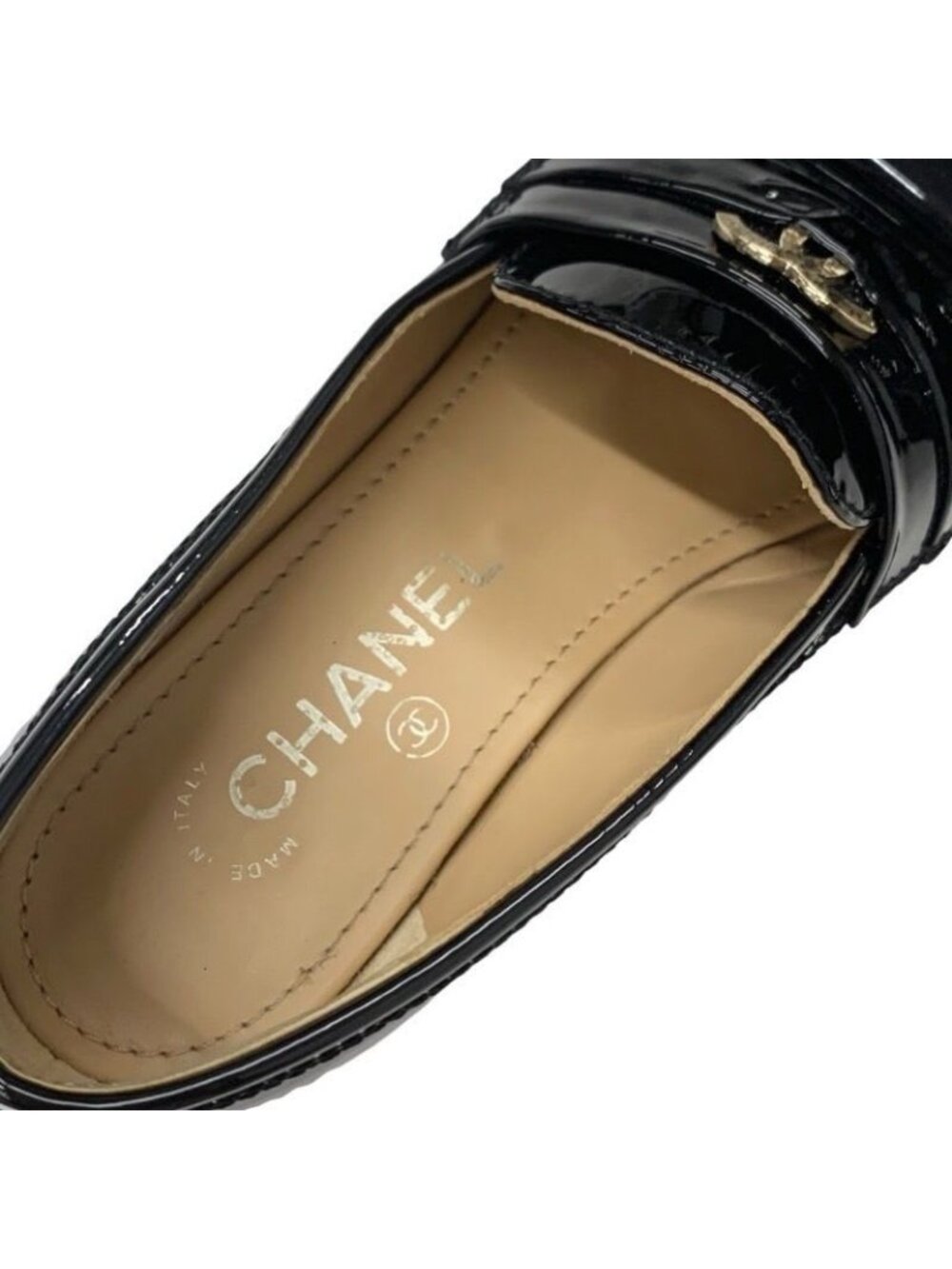 Chanel Loafer Leather Shoes Enamel Black Gold Coco Mark - Picture 7 of 10
